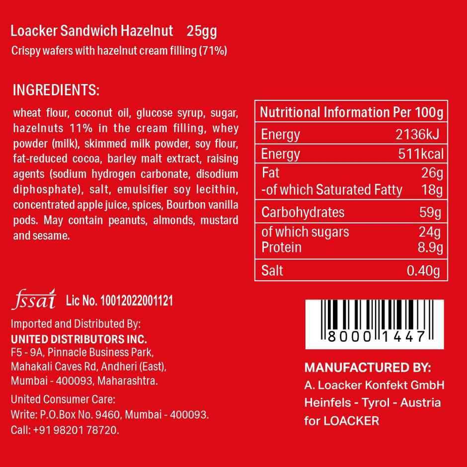 Loacker Sandwich Hazelnut Wafers Italy