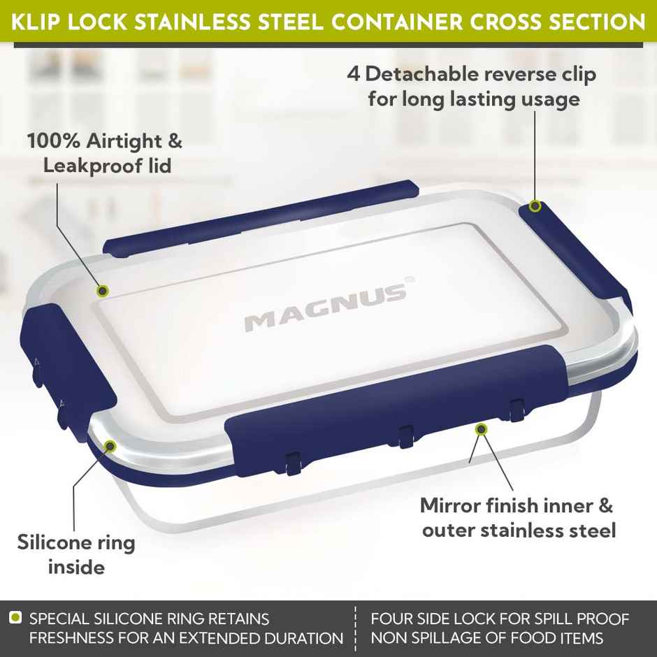 Magnus Dixie Stainless Steel Lunch Box - Airtight & Leak Proof Tiffin - Dark Blue
