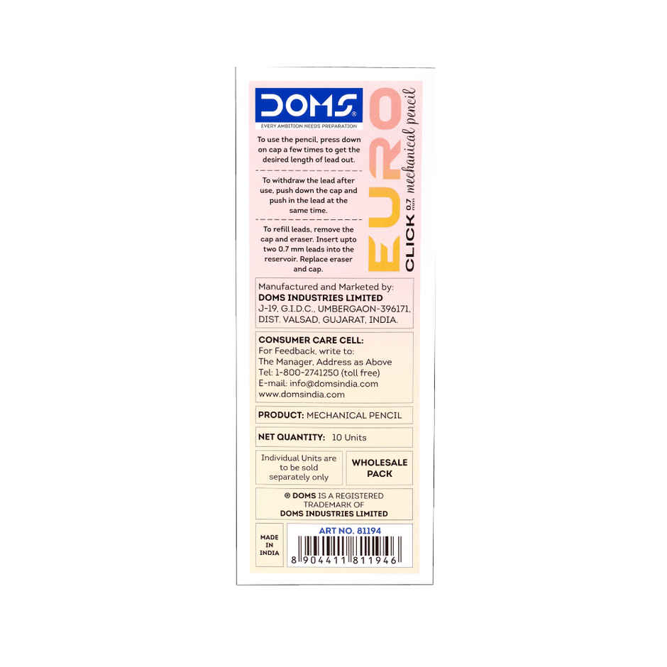 Doms EURO CLICK MECHANICAL PENCIL 0.7 MM PACK OF 10
