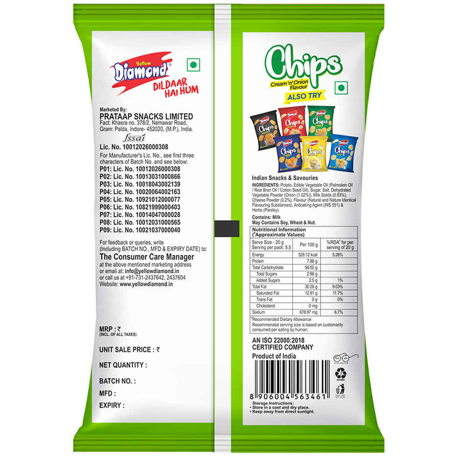 Yellow Diamond Cream N Onion Chips | Savoury & Crunchy
