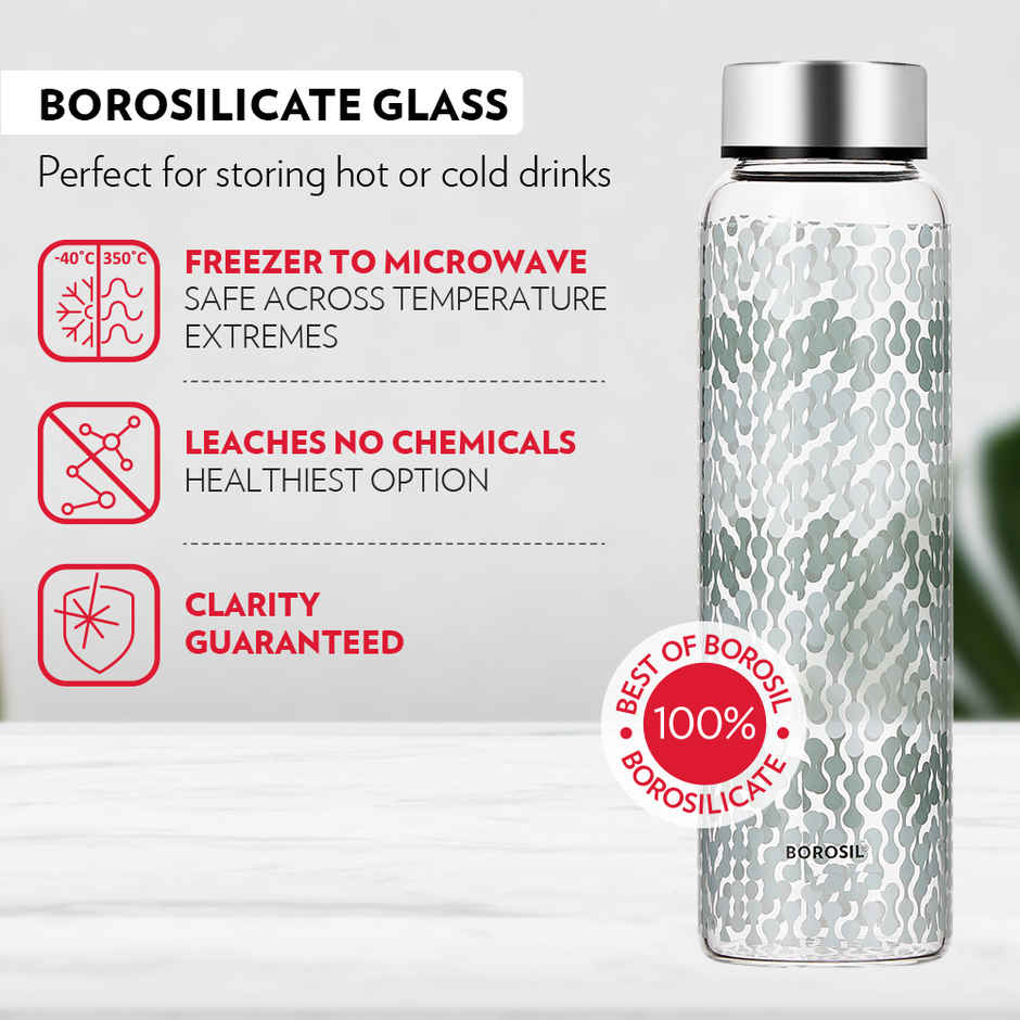 Borosil Vista Wide Mouth Bottle with Metal Lid | Borosilicate Glass | Dishwasher Safe - 1 L