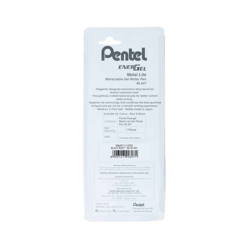 Pentel BL447 Energel Metal Lite Single Blister Black Body Blue Ink