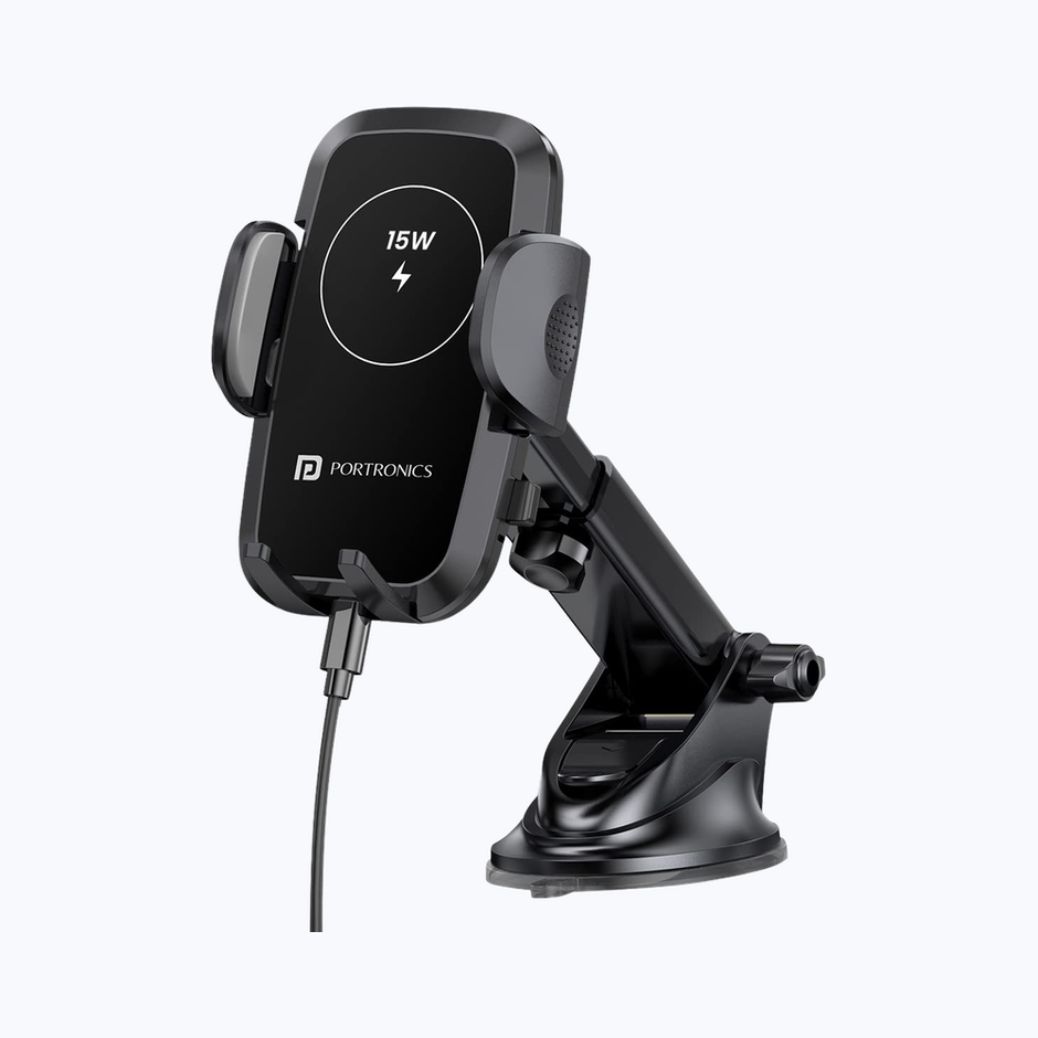 Portronics Charge Clamp 2, Mobile Holder With Wireless Charging - Black
