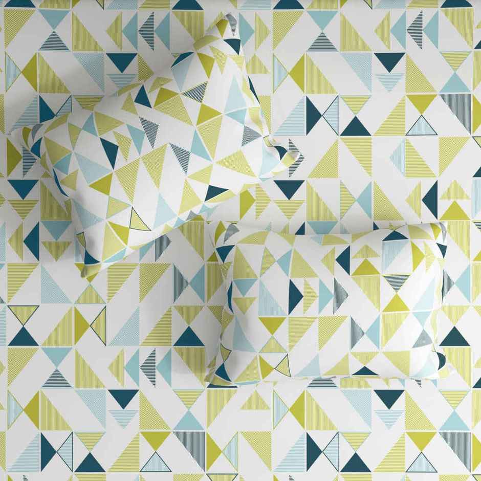 Wakefit Maze Fitted Queen 100% Cotton Geometric Bedsheet, 2 Pillow Covers | White | 78 x 60 in