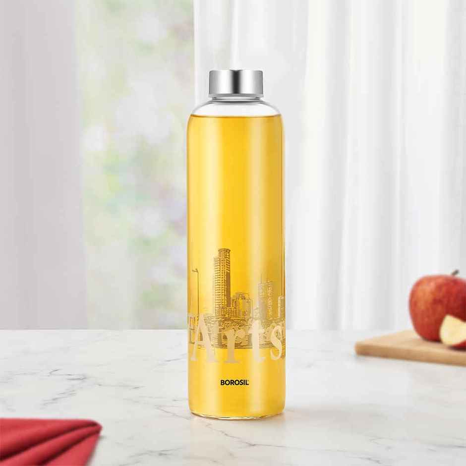 Borosil Roma Narrow Mouth Bottle with Metal Lid | Borosilicate Glass | Dishwasher Safe - 1 L