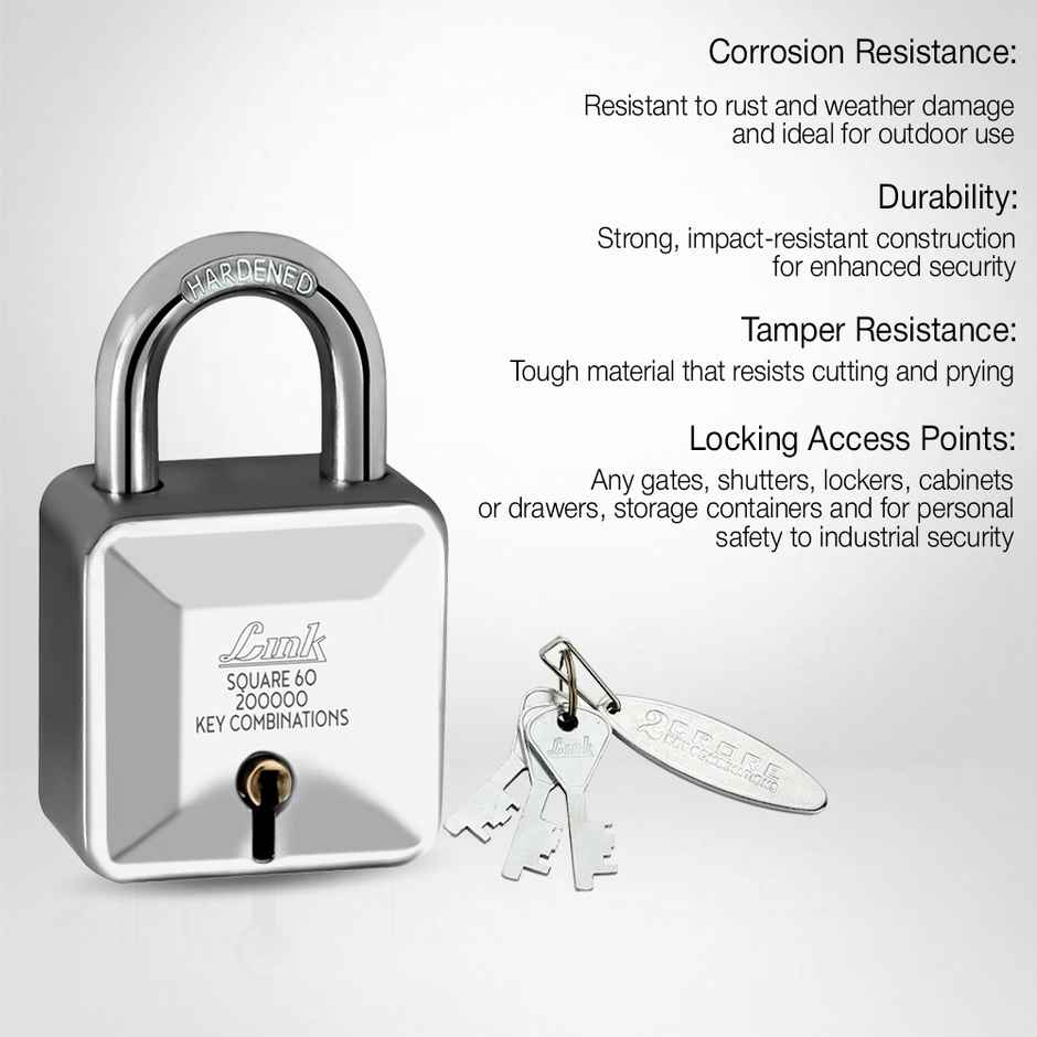 Link Stainless steel Hardened Shackle Diamond Square 60 mm padlock with 3 aesthetic Keys