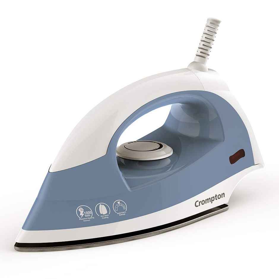 Crompton Brio 1000-Watts Dry Iron With Weilburger Coating, 6 Fabric Settings - Sky Blue And White