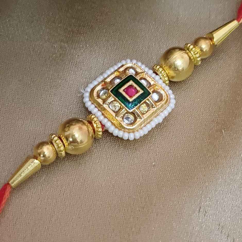 Rajasthani Large Square Pendant Red Minakari Kundan Motiwork Rakhi|Traditional Rakhi | Gullak