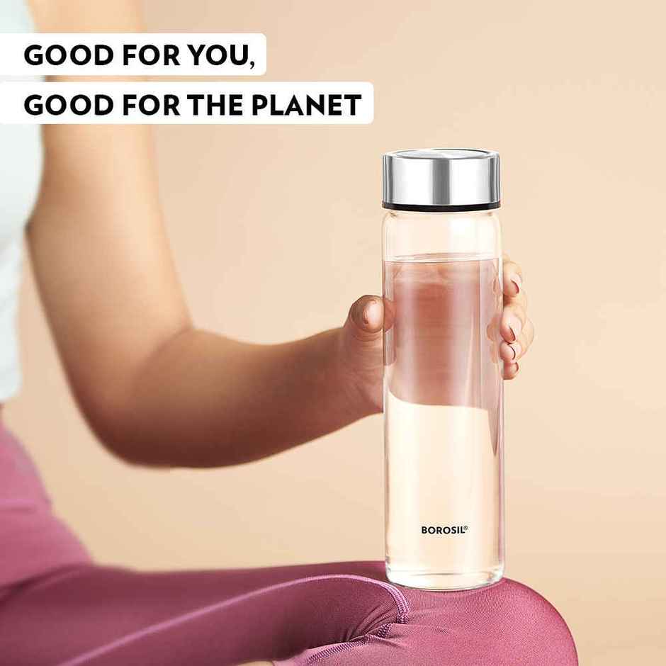 Borosil Crysto Wide Mouth Borosilicate Glass Water Bottle with Steel Lid | 750 ml