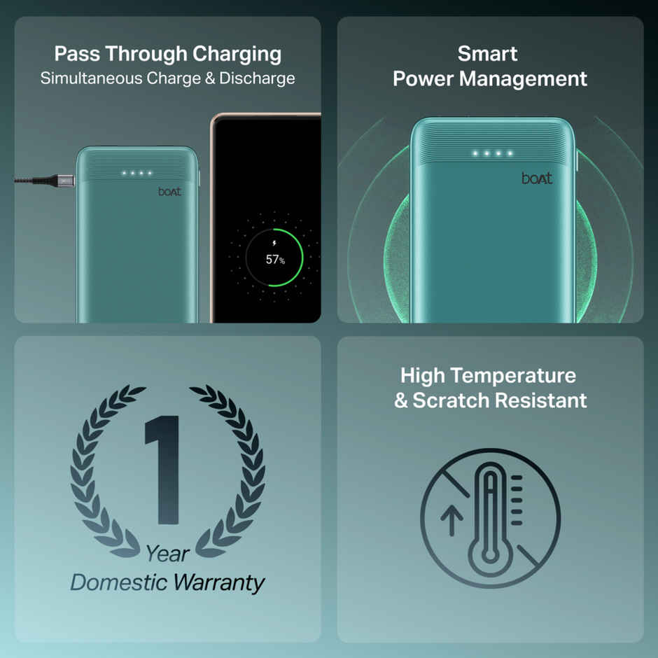 boAt Energyshroom PB300 Activ Wired Powerbank with 22.5W Fast Charging, 10,000mAh, 12-Layer Smart IC Protection, 3 output ports - Cerulean Blue