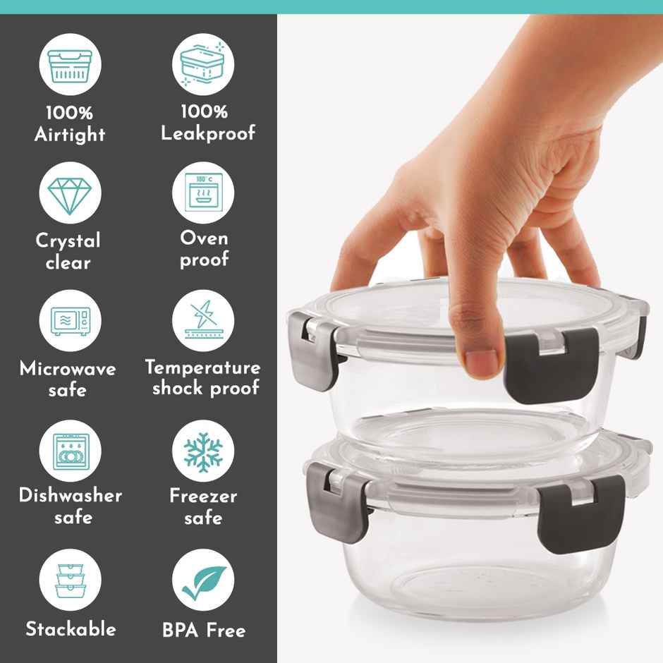 Magnus Glock Solid Glass Lunch Box- Flat Pouch- Detachable Clip-2 Round Containers-400Ml Each -Grey