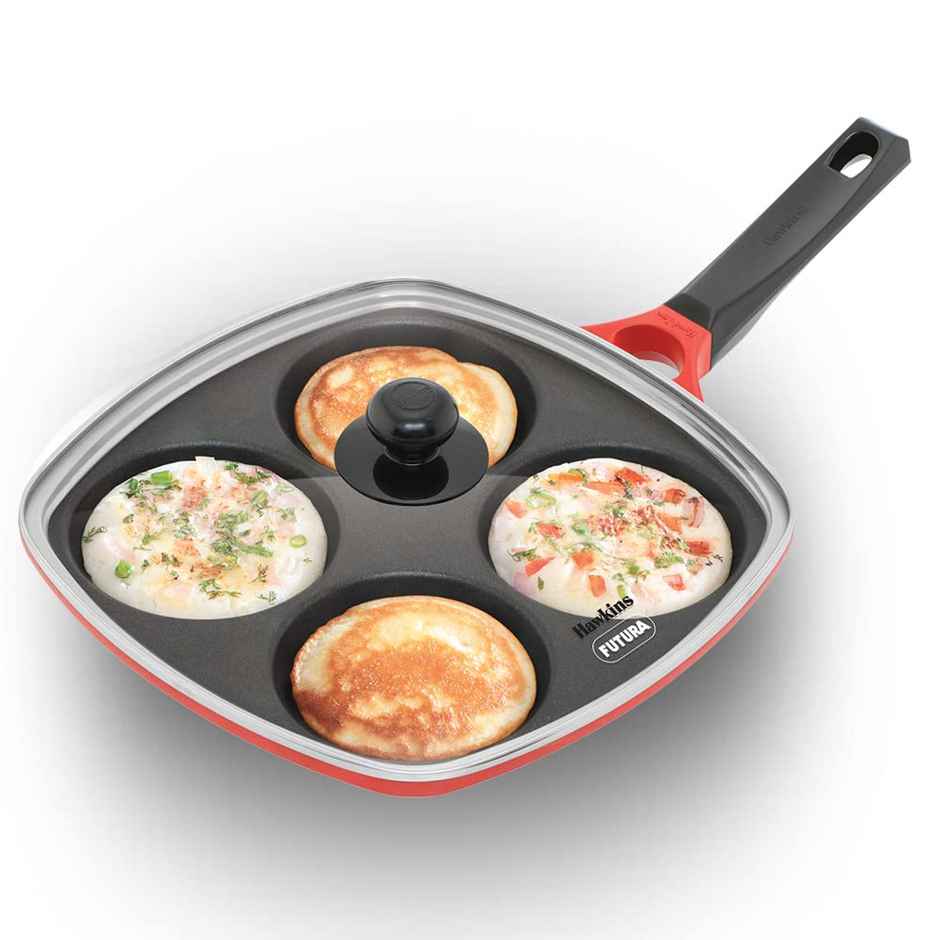 Hawkins 30 Cm Die-Cast Multi Snack Pan With Glass Lid, Nonstick Mini Uttapam Tawa, Red (Dcms30G)