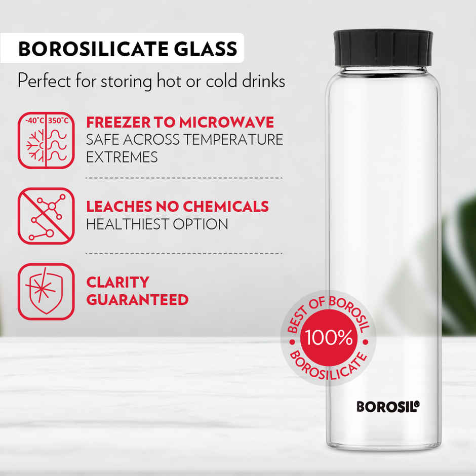 Borosil Crysto Wide Mouth Water Bottle with PP Lid | Borosilicate Glass Bottle | 1 L