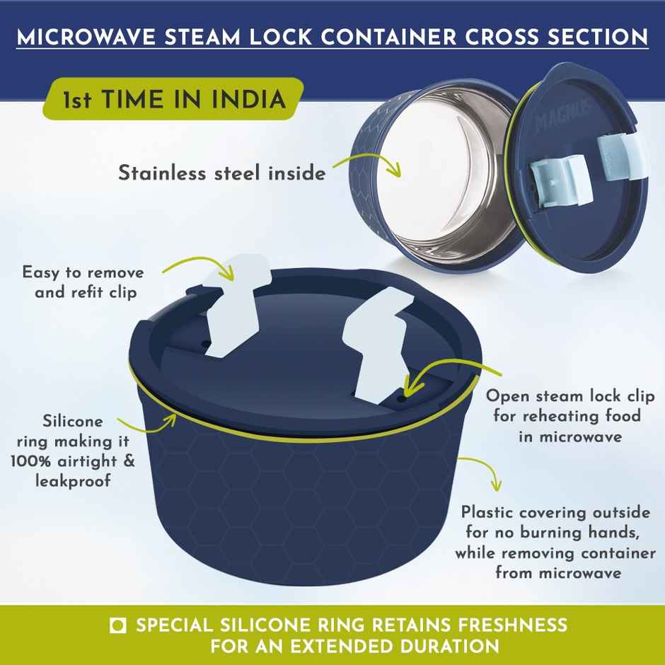 Magnus Olive 3 Prime Microwave Safe Lunch Box Set | Stainless Steel Steam lock Containers & Pouch