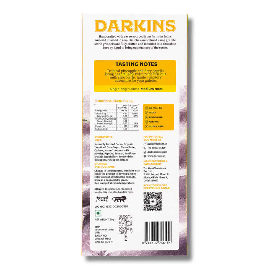 Darkins Indian Artisanal Pineapple Paprika Chocolate | Vegan Mylk