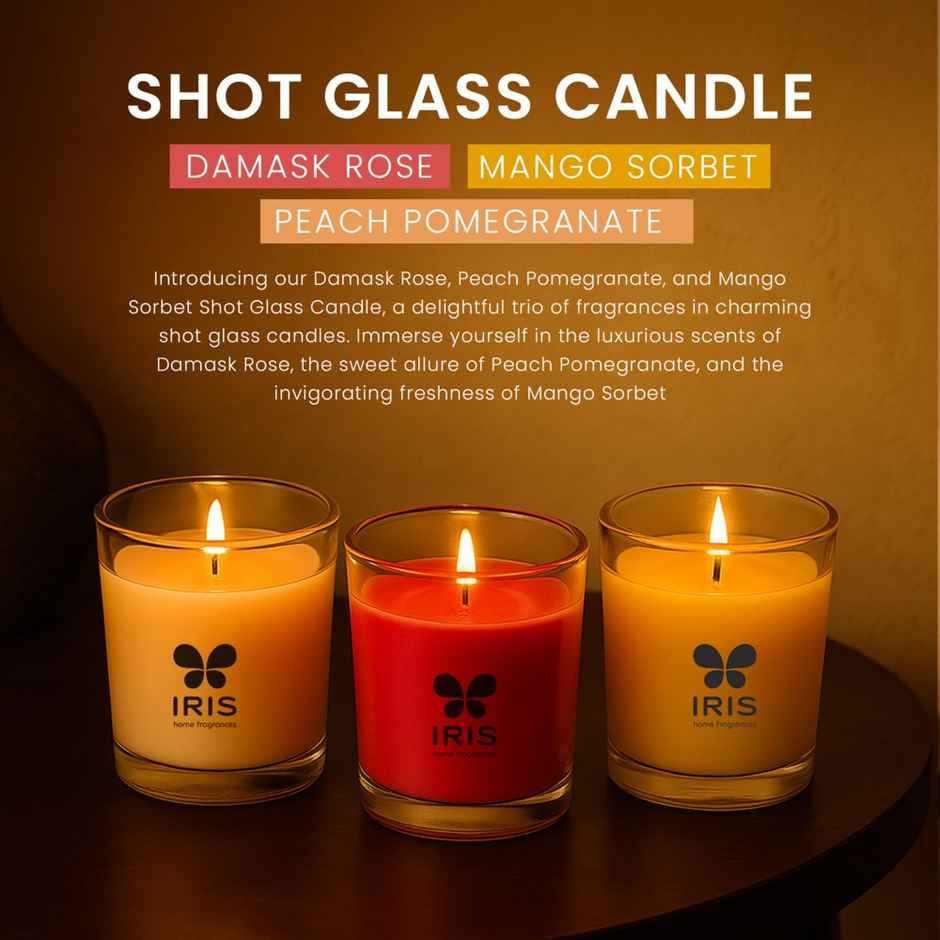 IRIS Shot Glass Scented Candle | Damask Rose, Peach Pomegranate And Mango Sorbet