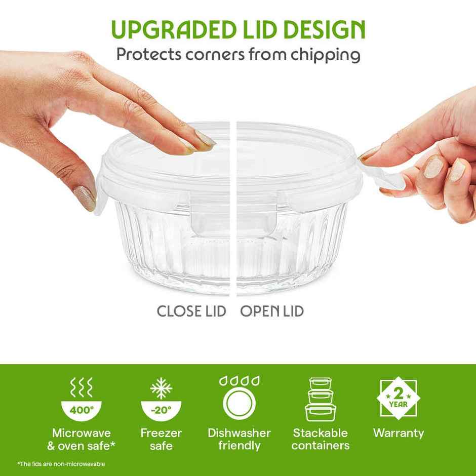 Borosil 620ml Fluted Klip N Store Round Food Storage Container Borosilicate Glass Microwave Safe