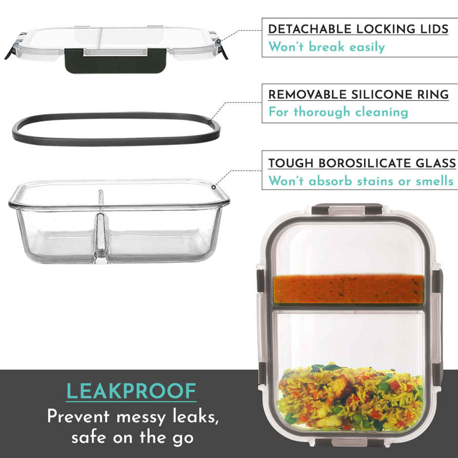 Magnus Glock 580 ml Divider Grey Container with Airtight Lid & Detachable Lock, Borosilicate Glass