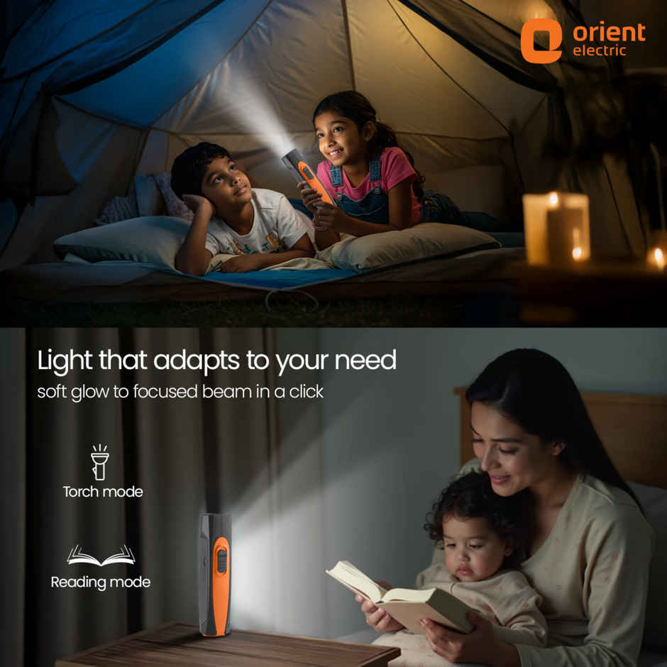 Orient Electric Ranger Dual Light LED Torch | 600 mAh Li Ion Battery | 13cm,Orange and Black