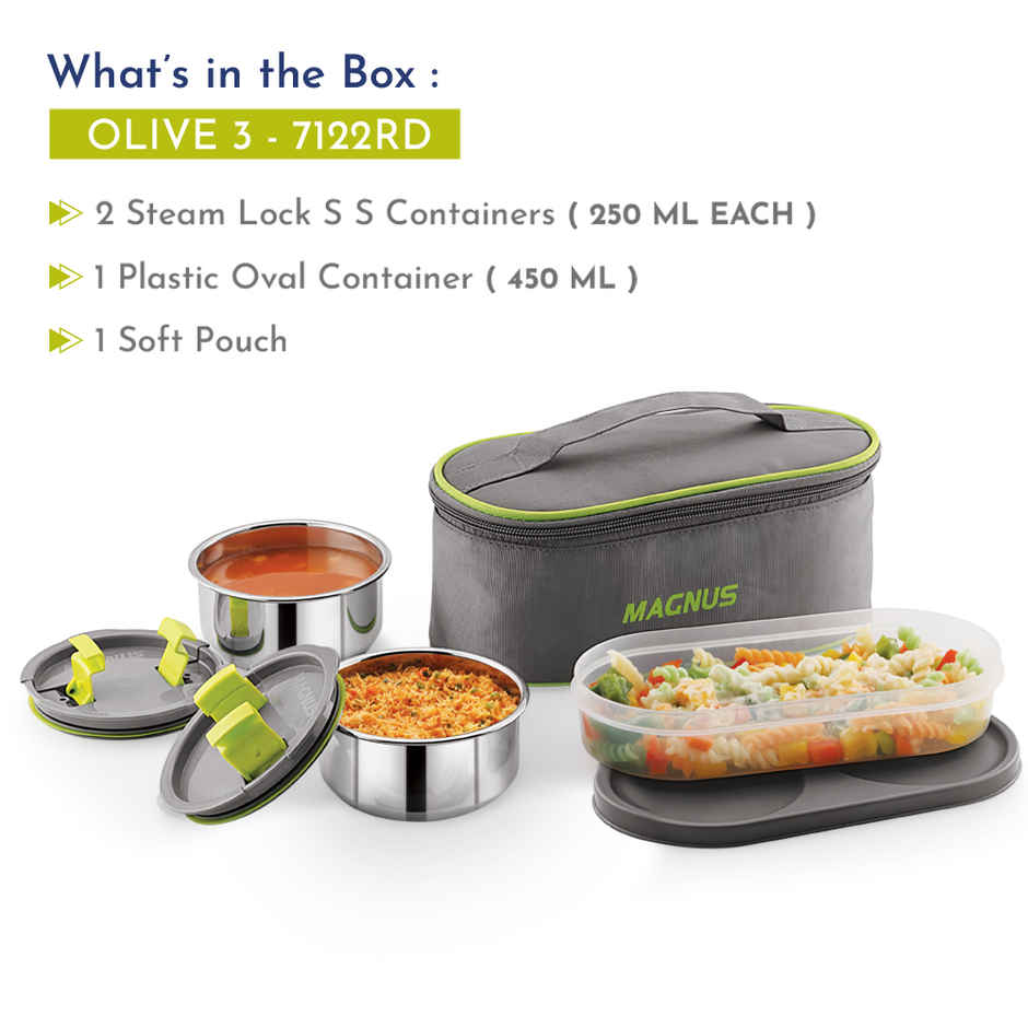 Magnus Olive 3 Lunch Box Set Leak-Proof Steel Containers for School with Insulated Bag (950 ml)