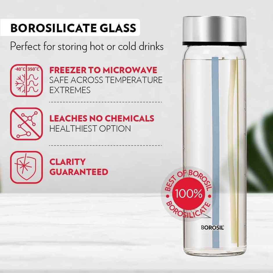 Borosil Sintra Wide Mouth Bottle with Metal Lid Borosilicate Glass Dishwasher Safe