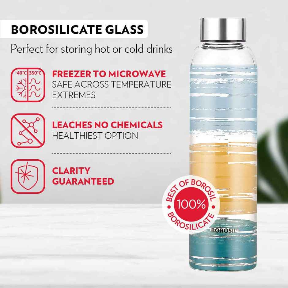 Borosil Glance Narrow Mouth Bottle with Metal Lid Borosilicate Glass Dishwasher Safe