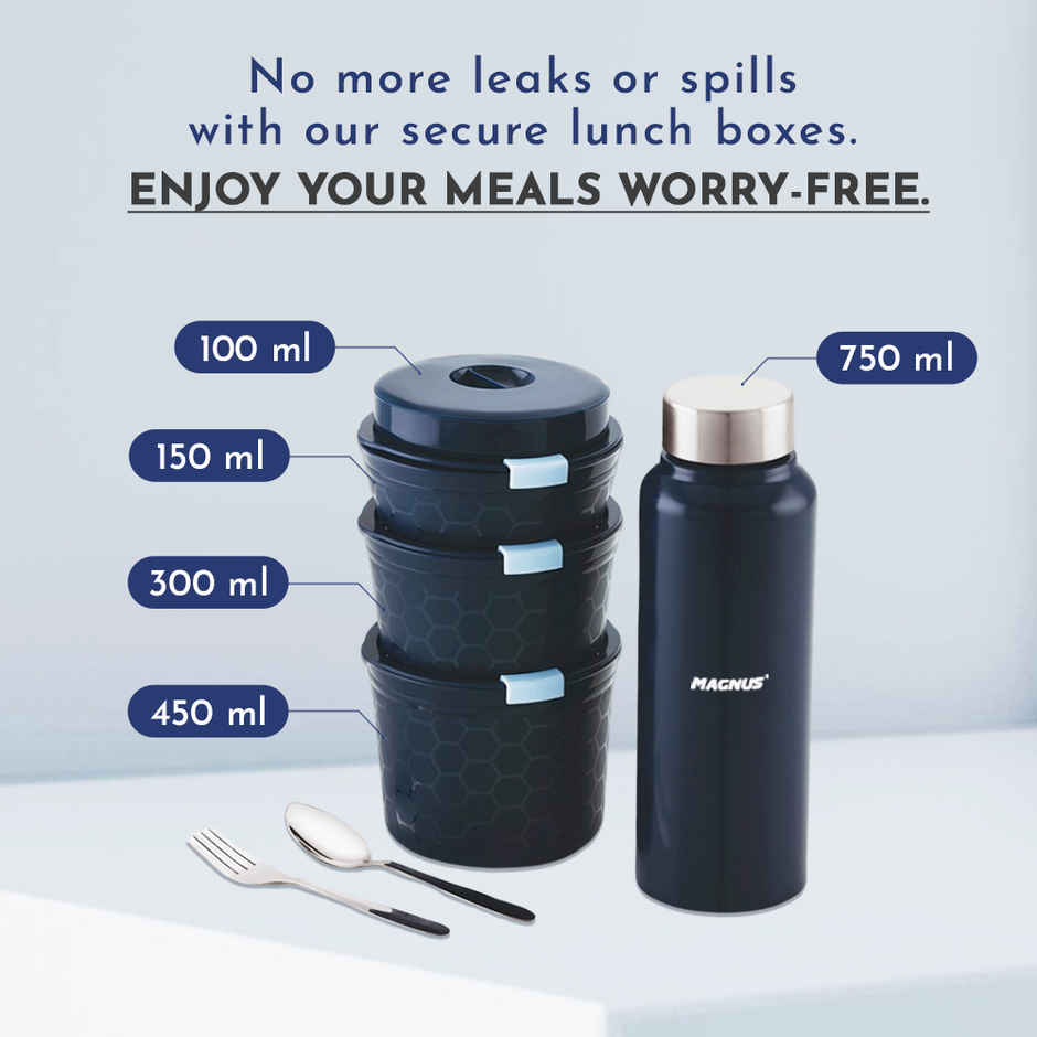 Magnus Neo 5 Lunch Tiffin - 3 Microwave Safe Inner Steel Containers Dabba Bottle Spoon And Fork