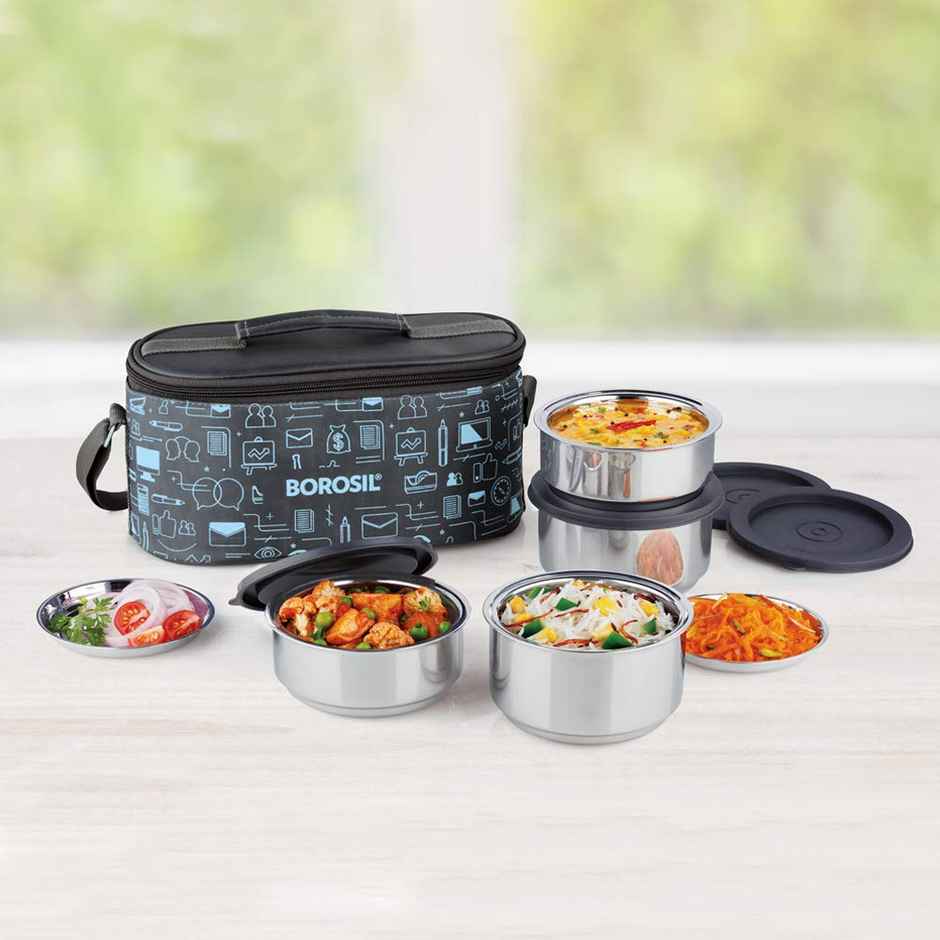 Borosil Carry Fresh Stainless Steel Insulated Lunch Box With Bag (280 ml x 2 + 180 ml x 2)