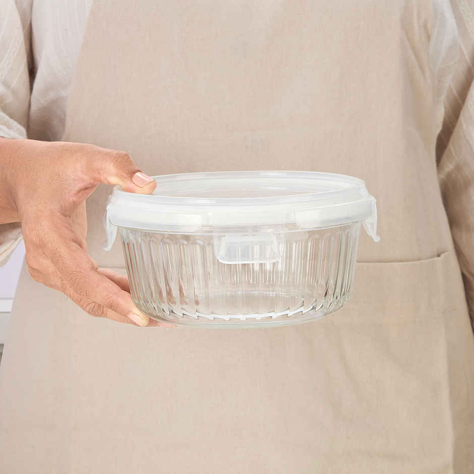 Borosil 620ml Fluted Klip N Store Round Food Storage Container Borosilicate Glass Microwave Safe