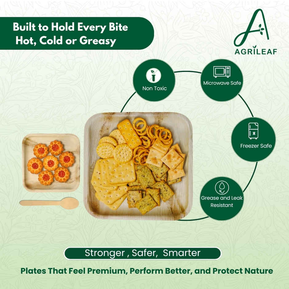 AGRILEAF Square Areca Palm Leaf Disposable Plate Combo | 25.4 & 17.8 cm  Plates  and Spoons | 5 sets