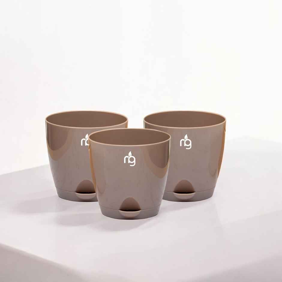 Nurturing Green - Self Watering Pots | Set of 3 | Mocha | 11.5cm x 11cm | Plant Pots with Tray