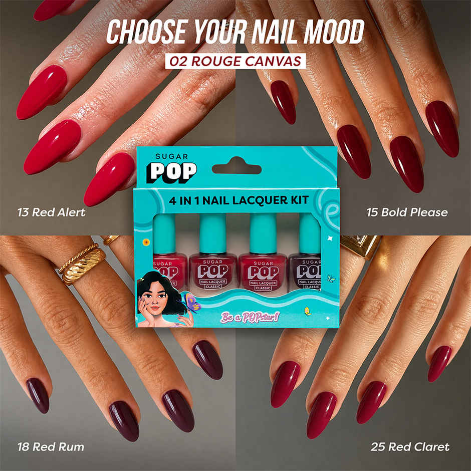 SUGAR POP 4 in 1 Nail Lacquer Kit | 02 Rouge Canvas | Long-Lasting Shine