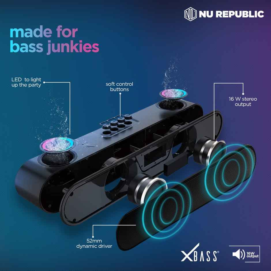 Nu Republic Partybox161 | 10H Playtime | 52mm Driver | RGB Lights | 16W Bluetooth Soundbar - Black