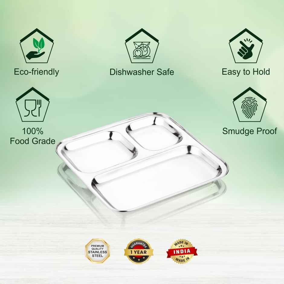 Steelera Stainless Steel Square 3 Compartment / Pav Bhaji / Kids / Plate | Food Safe | 21 x 21 cm