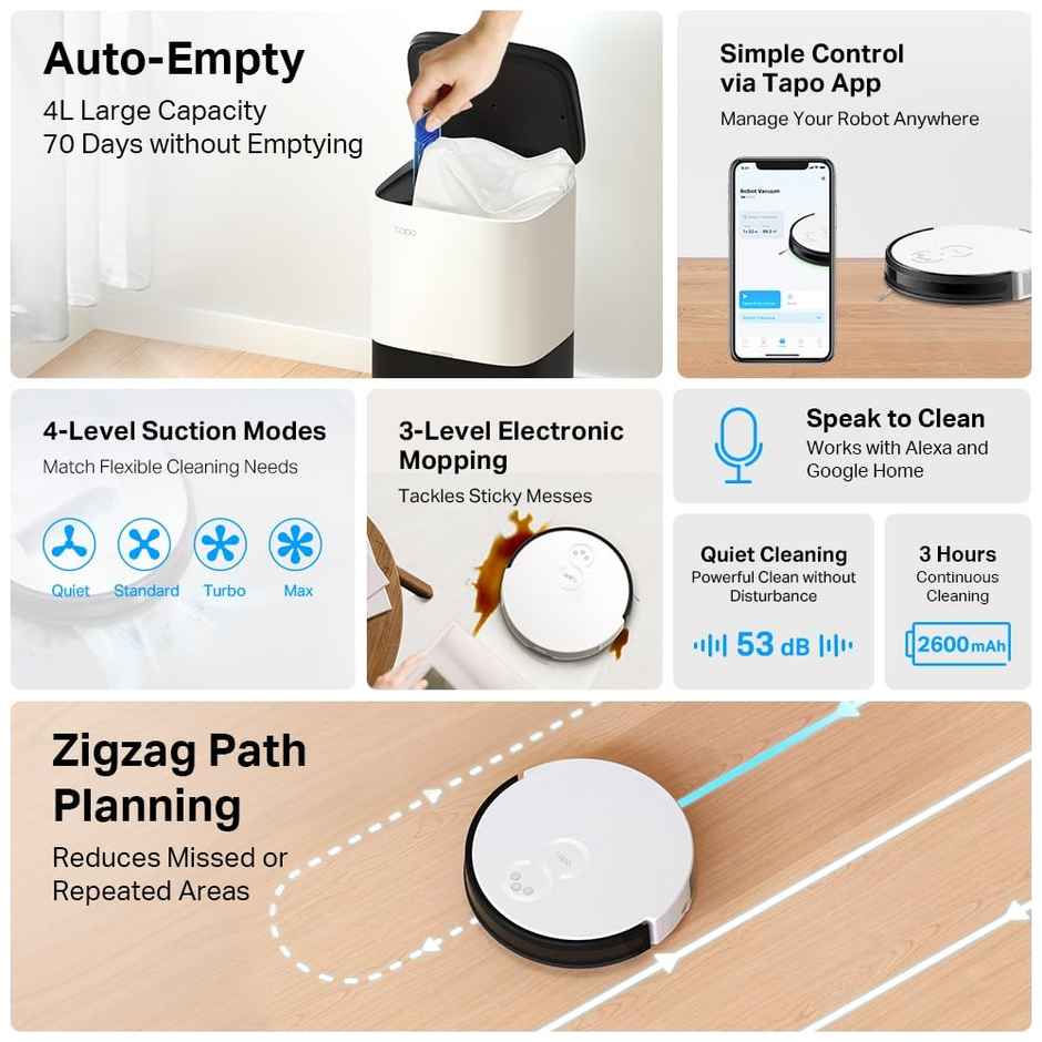 TP-Link Tapo RV10 Plus Robotic Vacuum Cleaner & Mop,4-Level 2000Pa Suction, Google Assistant & Alexa Compatible