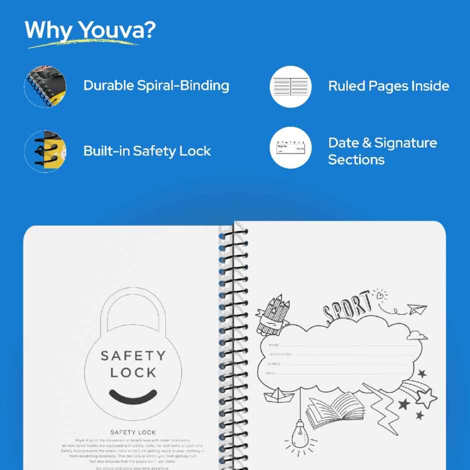 Navneet Youva Spiral A4 Single Line Notebook With Safety Lock | 400 Pages | 21 x 29.7 cm | Assorted