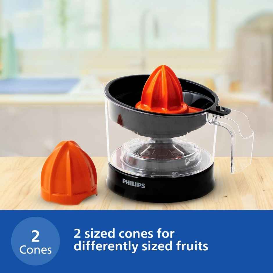 Philips HR2777/00 Citrus Press Juicer, 25 Watt, 0.5 Litre, 2 Sized Cones for different size fruit - Orange & Black