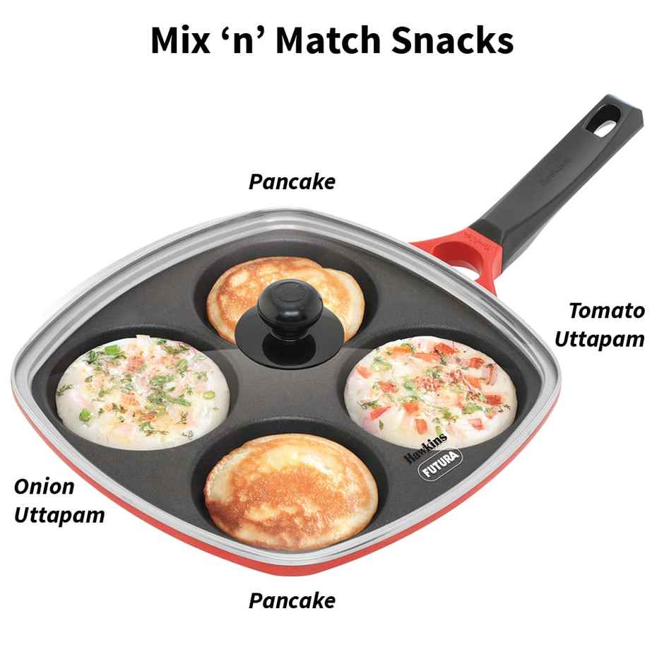 Hawkins 30 Cm Die-Cast Multi Snack Pan With Glass Lid, Nonstick Mini Uttapam Tawa, Red (Dcms30G)
