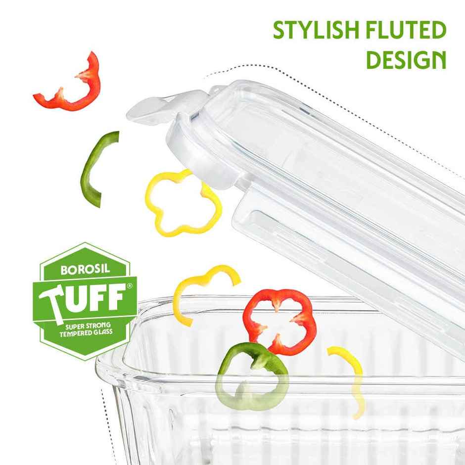 Borosil Fluted Klip N Store Rectangle Food Storage Container Borosilicate Glass Microwave Safe