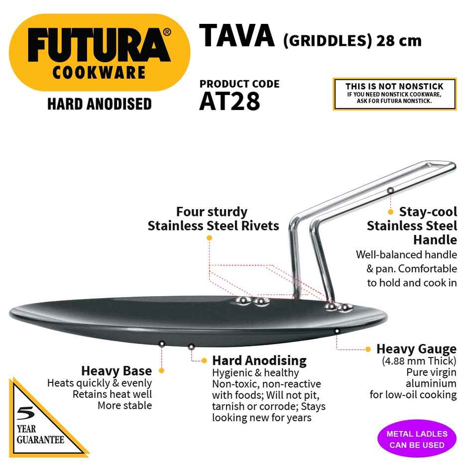 Hawkins Futura 28 Cm Tava Hard Anodised Tawa With Stainless Steel Handle - Black