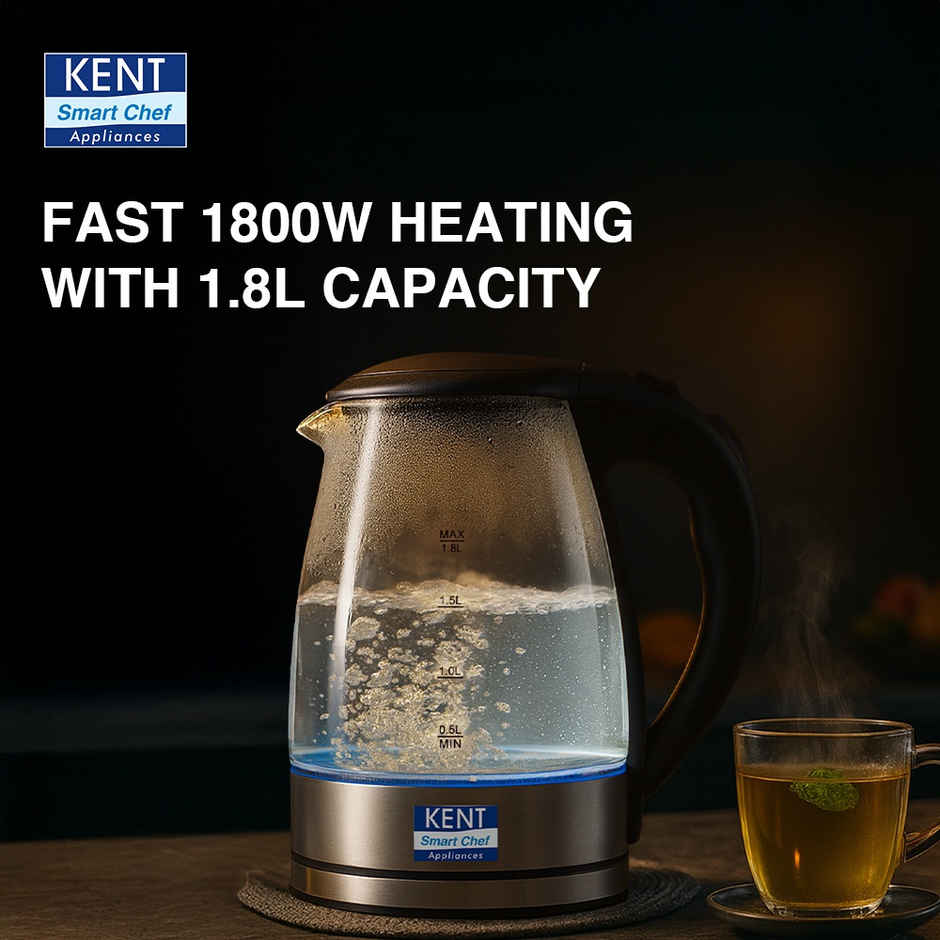 Kent Elegant Electric Glass Kettle 16052 1.8L Stainless Steel Heating Plate Borosilicate Glass Body