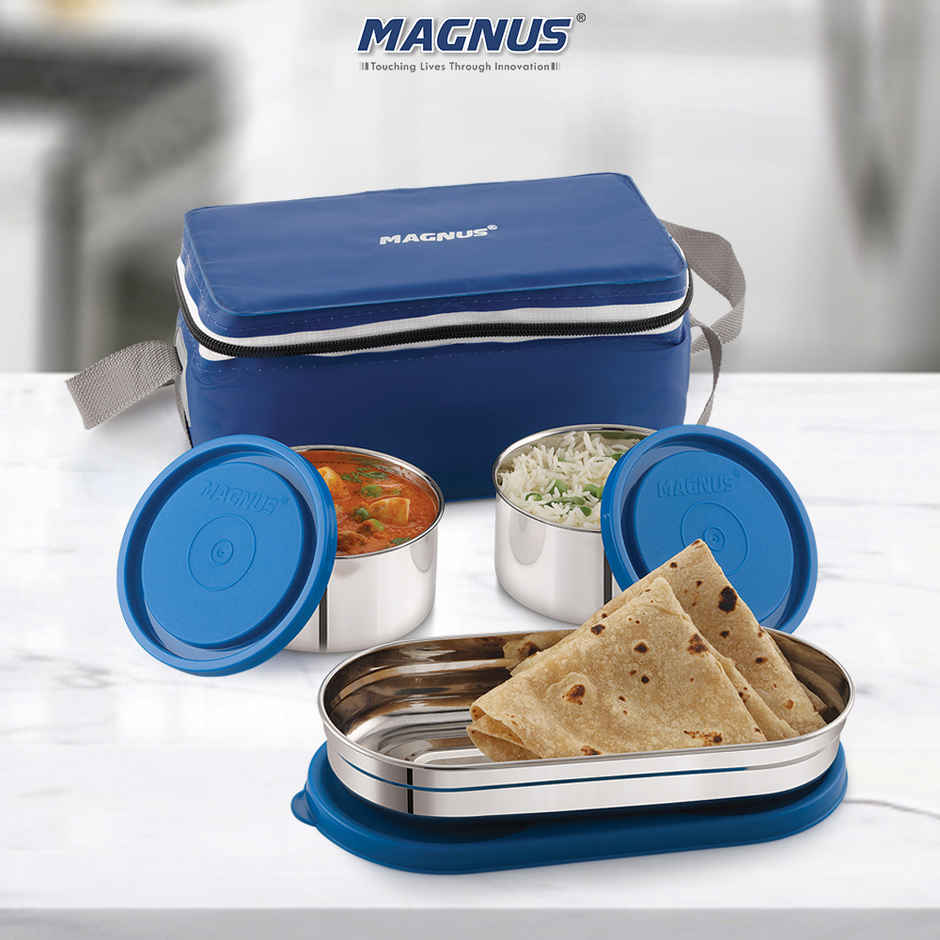 Magnus Fancy 3 Prime Steel Lunch Box Set With Stainless Steel Contianers And Stylish Carry Bag