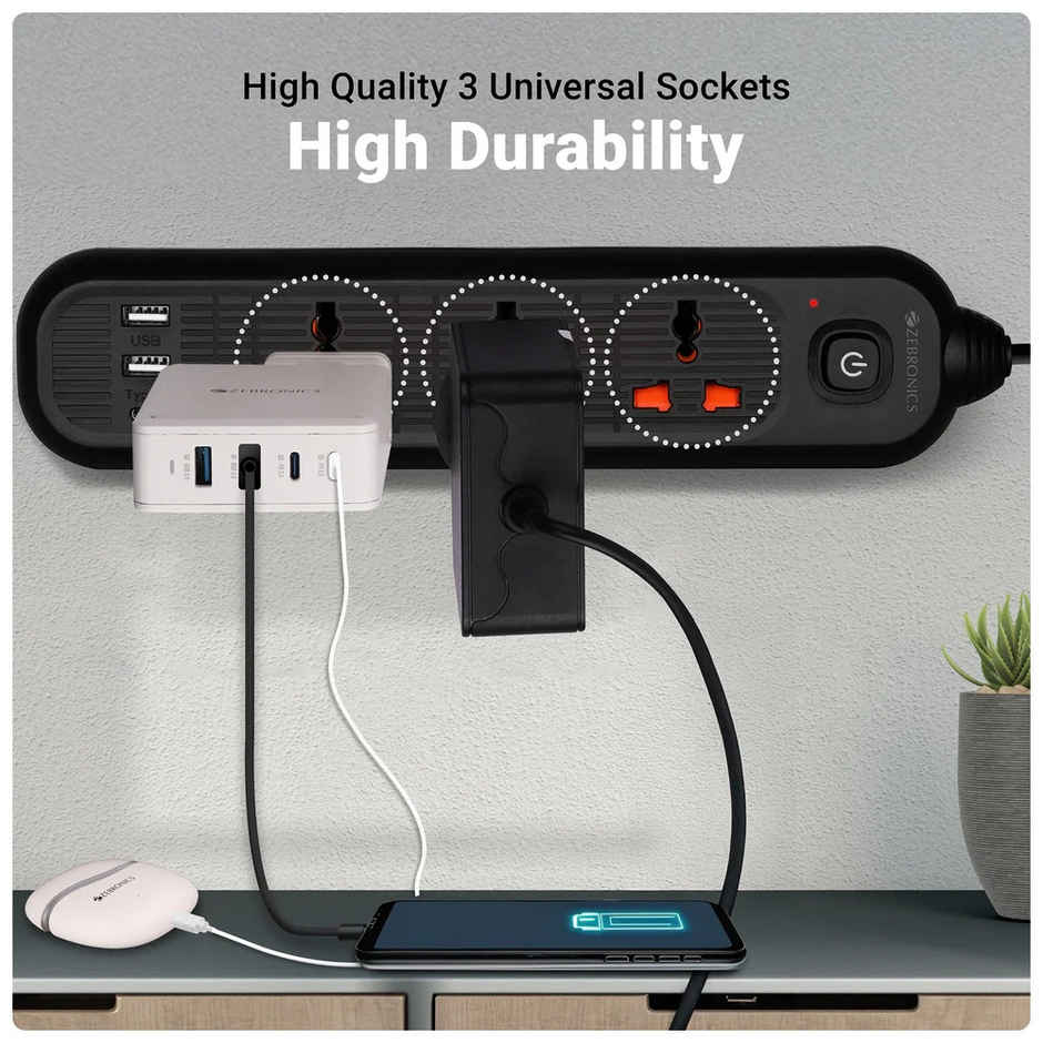 Zebronics Power Bar 132 | 2000W | 1 x Type C Port | 3 x Universal Socket | 2 x USB Port | 3 m