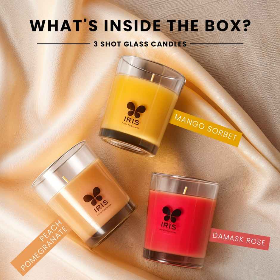 IRIS Shot Glass Scented Candle | Damask Rose, Peach Pomegranate And Mango Sorbet
