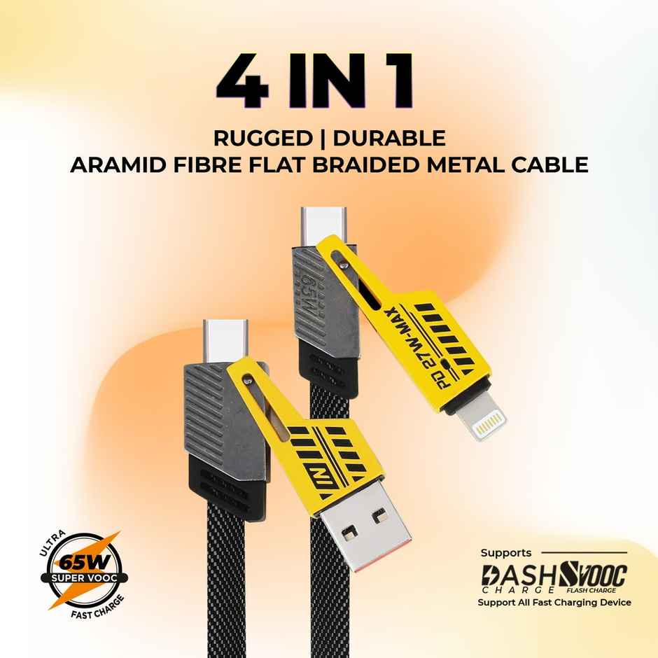 Gizmore 4 in 1 Multi Fast Charging Cable 65W| USB C to C| Lightning & Type C for iPhones| Android