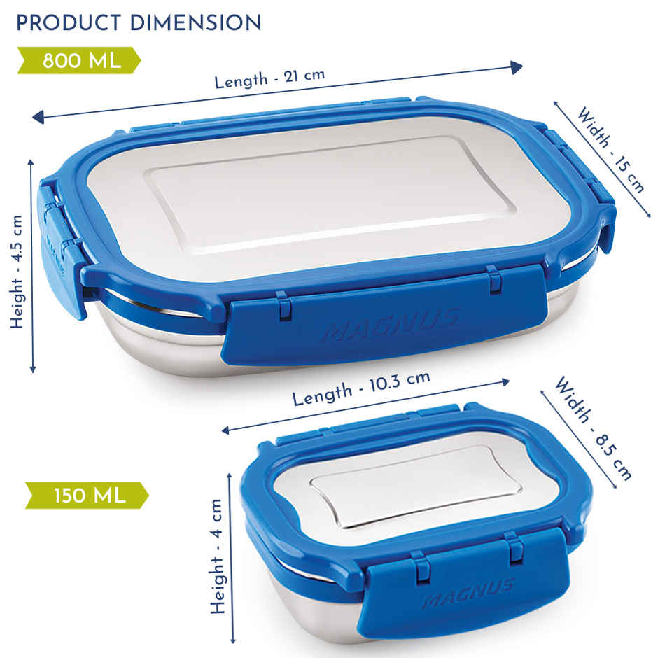 Magnus Bolt Dlx Stainless Steel Lunch Box with Lid for School (800ml + 150ml)