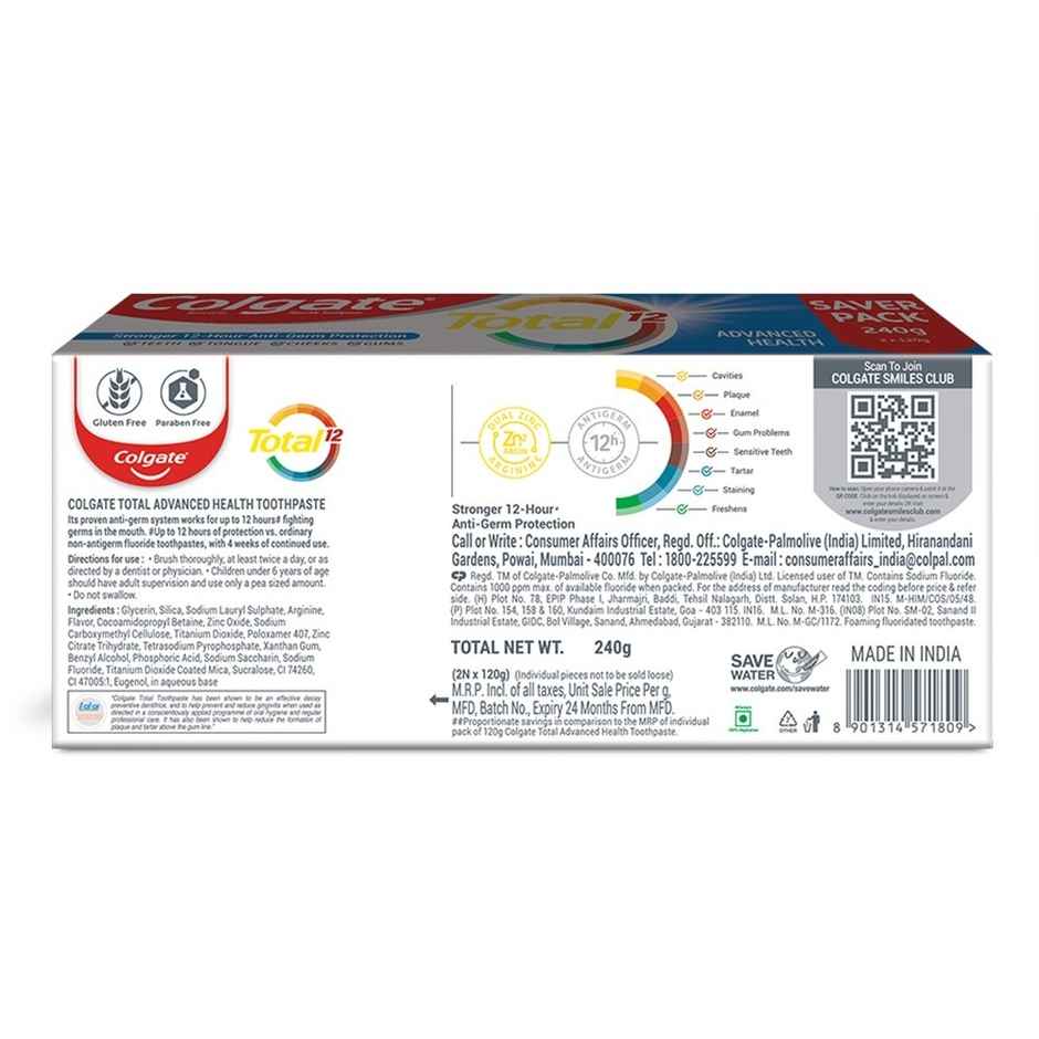 Colgate Total Advanced Health Antibacterial Toothpaste, Stronger 12-Hour Anti-Germ Protection