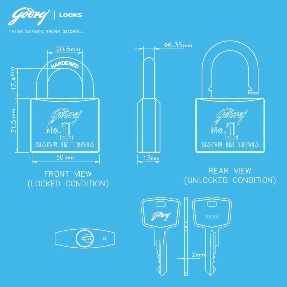 Godrej No. 1 50mm Padlock for Door with 3 Keys, Solid Brass Finish Main Door Lock for Home Gold