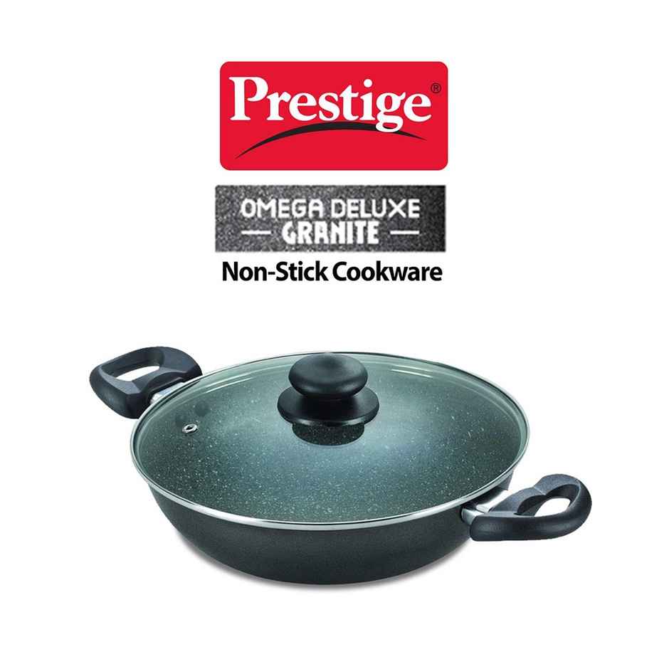Prestige 26cm | 3.25 Litre Omega Deluxe Granite Non-stick Kadai with Glass Lid | Black