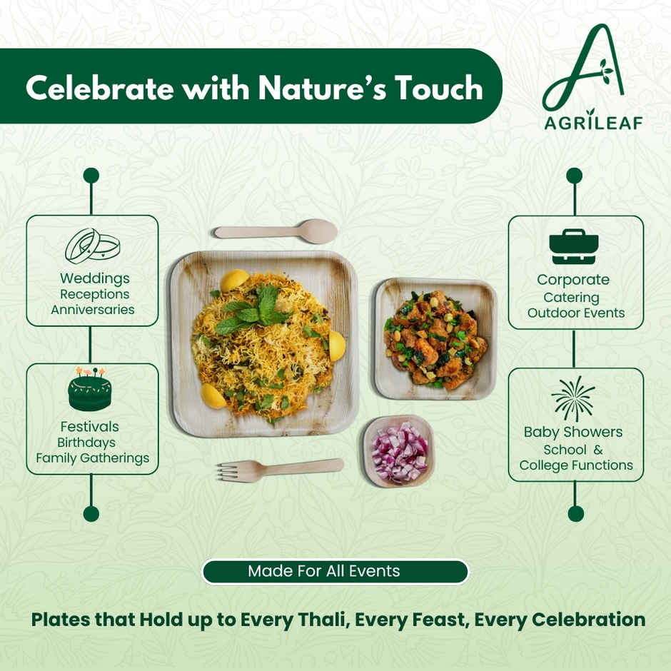 AGRILEAF Square Areca Palm Leaf Disposable Party Combo | 25 Pcs (5 Each Plates, Bowls & Cutlery)